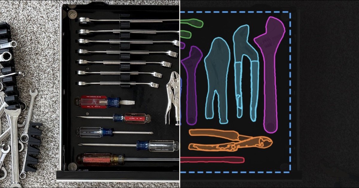 A toolbox drawer photo on the left; the same drawer with every tool outlined for cutting on the right